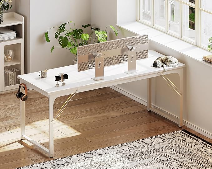 Casaottima 63 Inch Computer Desk for Home Office, Study Writing Table for Small Spaces, Simple Modern Desk with Headphone Hooks, White