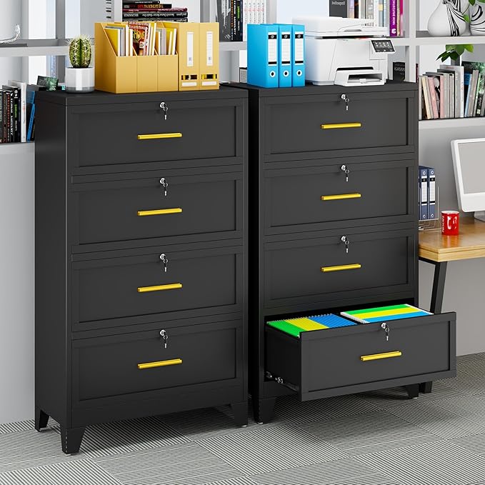 4 Drawer File Cabinet with Lock, Metal Lateral File Cabinets for Home Office, Steel Wide Filing Organization Storage Cabinets, Home Office Furniture for Hanging Files Letter/Legal/F4/A4 Size