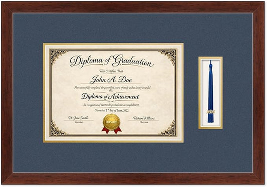 Diploma Frame with Tassel Holder Rustic Walnut Shadowbox Navy Blue Over Gold Mat - Fits 11.69 x 8.27 Degree Made in the USA