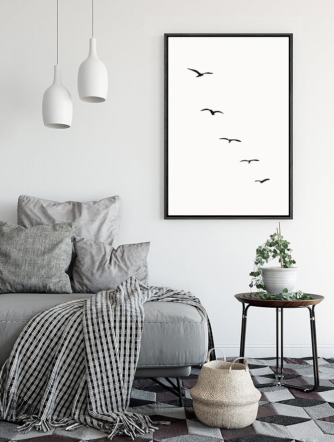 SIGNFORD Framed Canvas Print Wall Art Minimalist Composition of Flock of Birds Abstract Wilderness Digital Art Modern Art Rustic Scenic Multicolor for Living Room, Bedroom, Office - 24"x36" Black