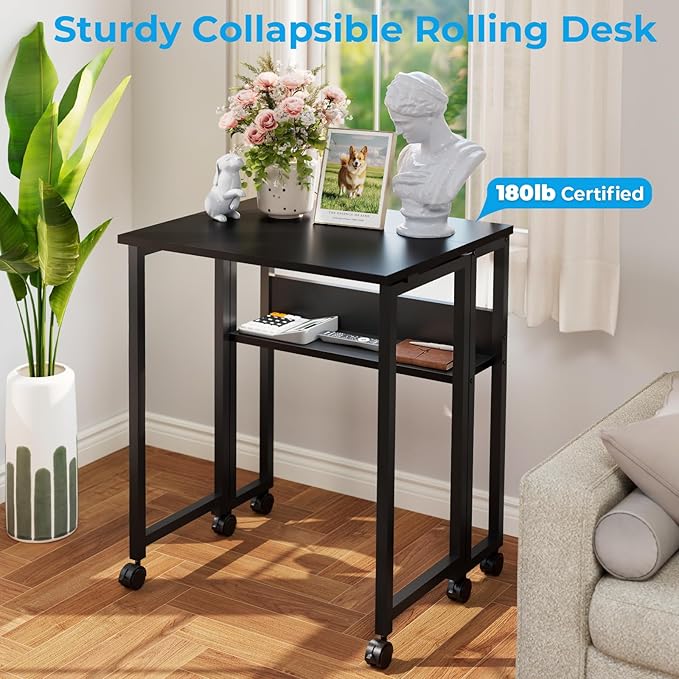 GreenForest Folding Desk Small Rolling Desk with Storage Shelf,24.8 inch Foldable Computer Desk with Wheels for Small Space,Easy Assembly,Black
