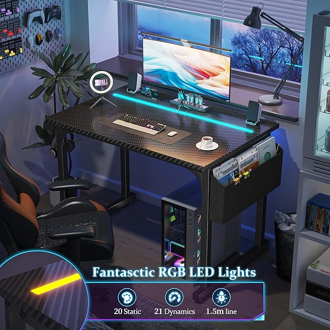32 Inch Computer Desk with LED Lights for Small Spaces, Office Desk for Home Office, Study Desk Writing Table with Storage Bag, Headphone Hook, Black