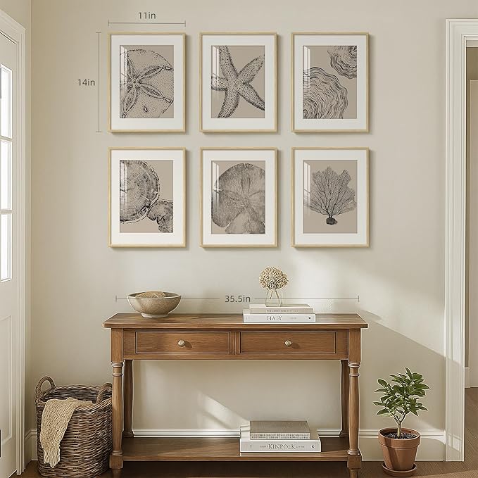 Framed Coastal Wall Art for Living Room, 6 Piece Neutral Black Beige Modern Abstract Prints Artwork, Ocean Coral and Beach Tree Ring Pictures for Bedroom Dining Room Bathroom Wall Decor 11x14 In