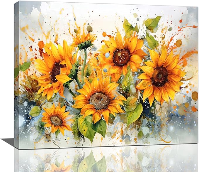 yerretin Sunflower Wall Art Watercolor Pictures Wall Decor Rustic Sunflower Canvas Farmhouse Print Artwork Home Decorations for Living Room Bedroom Bathroom Office Framed 20"x16"