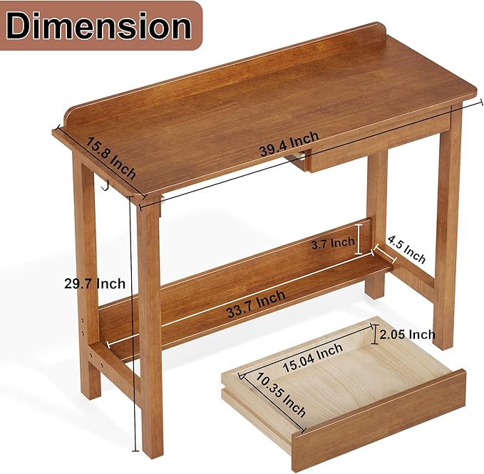 Mid Century Modern Desk - Walnut, 39 x 16 Inch Narrow Desk with 2 Drawers, Bookshelf & 2 Hooks, Writing & Computer Desk for Small Spaces