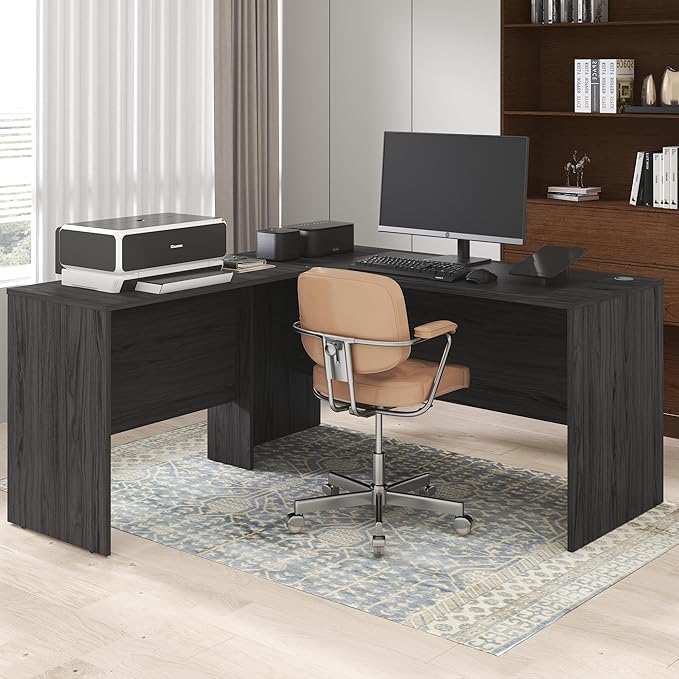 Furinno Roger 60 Inch L-Shaped Office Desk, Executive Desk with Reversible Desk Return, Modesty Panel, Desk Cord Grommet, Scratchproof, for Home Office, Coastal Grey
