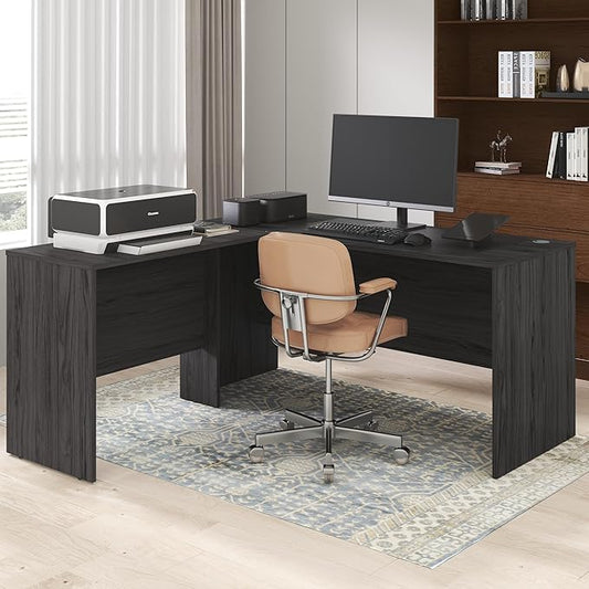 Furinno Roger 60 Inch L-Shaped Office Desk, Executive Desk with Reversible Desk Return, Modesty Panel, Desk Cord Grommet, Scratchproof, for Home Office, Coastal Grey