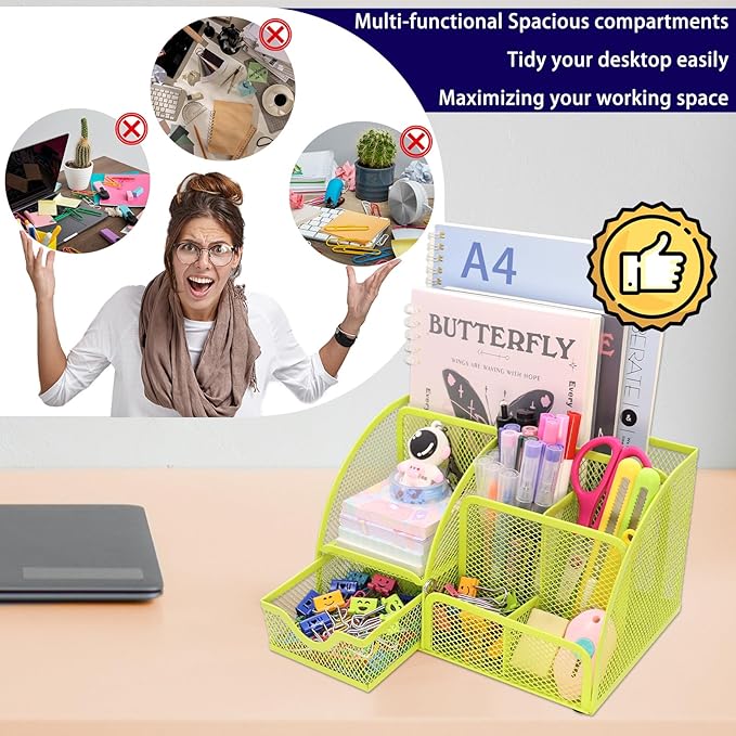 Boutilon Mesh Desk Organizer Desktop Office Supplies Stationary Organizer with 6 Compartments and 1 Drawer Multi-Functional Caddy Pen Holder for Home Office School Desk Decor(Fruit Green)