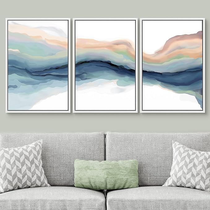 SIGNWIN Framed Canvas Print Wall Art Set Pastel Watercolor Teal Brown Paint Stroke Landscape Abstract Shapes Illustrations Modern Art Decorative for Living Room, Bedroom, Office - 16"x24"x3 White
