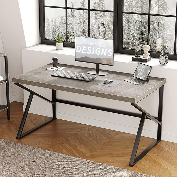 HSH Gray Computer Desk, Industrial Wood and Metal Home Office Desk, Farmhouse Rustic PC Laptop Desk for Executive Work Writing Study Gaming, Modern Simple Bedroom Computer Table, Light Grey Oak, 55 In