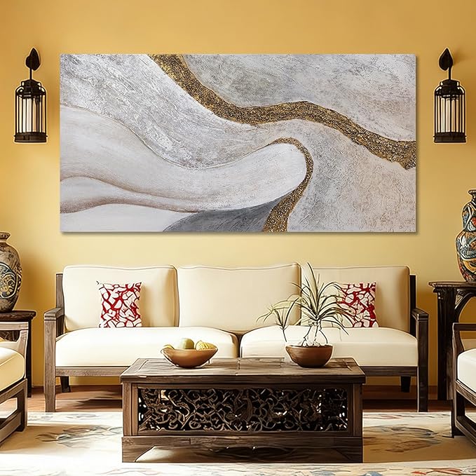ZUNARE Contemporary White Gold Textured Canvas Wall Art Abstract Organic Line Posters Picture Minimalist Home Decor for Living Room Bedroom Office 29x58 Inch