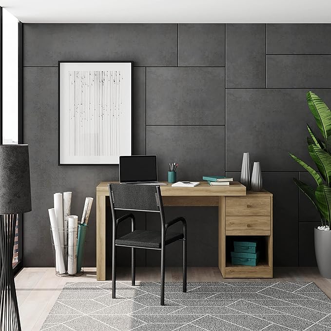 Expandable Desk with Storage Drawers & Open Shelf - Expands from 47 Inch to 57 Inch - Pine Computer Desk with Printer Space - Modern Home Office Table with Drawers - Techni Mobili Blanco Collection
