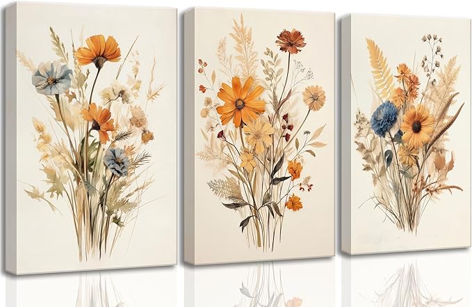3Pcs Vintage Wildflower Canvas Wall art Country Farmhouse Watercolor Flower Botanical Painting Pictures Wall Decor Floral Poster Print Artwork for Bedroom Living Room Girls Room Decoration