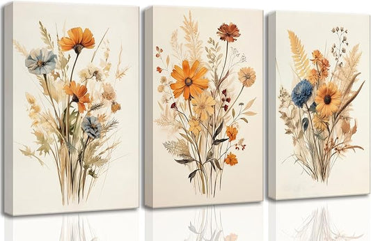 3Pcs Vintage Wildflower Canvas Wall art Country Farmhouse Watercolor Flower Botanical Painting Pictures Wall Decor Floral Poster Print Artwork for Bedroom Living Room Girls Room Decoration