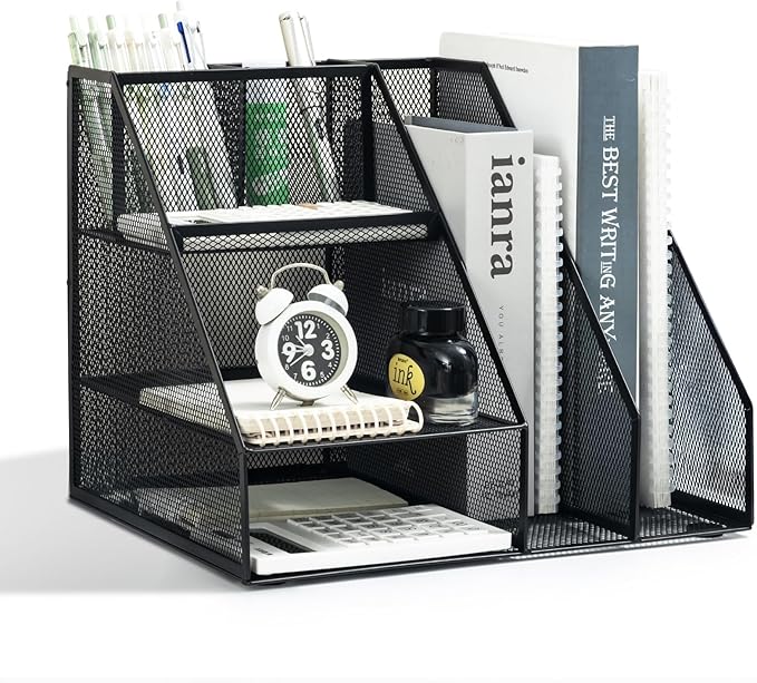 M&G Mesh Pen Holder Desk Organizer, Multi-Functional Pencil Holder with File Holders, Large Capacity Office Desk Accessories, Integrated Design without Installation