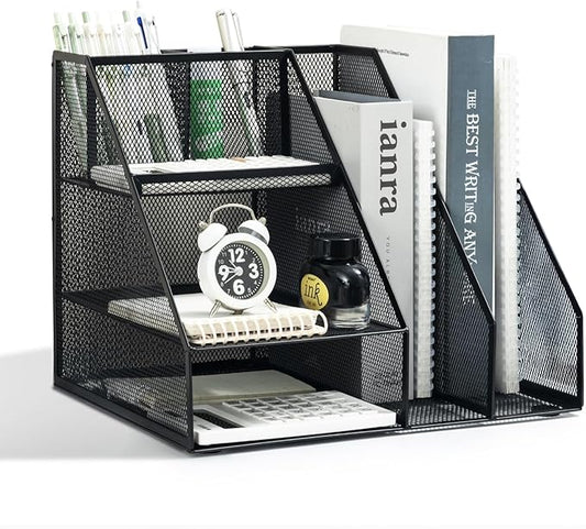 M&G Mesh Pen Holder Desk Organizer, Multi-Functional Pencil Holder with File Holders, Large Capacity Office Desk Accessories, Integrated Design without Installation