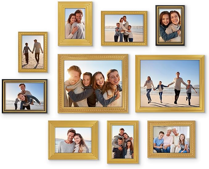 Americanflat Set of 10 Vintage Gold Frames with Polished Clear Glass - Gallery Wall Frame Set with Two 8x10, Four 5x7, and Four 4x6 Antique Frames for Tabletop or Wall Display