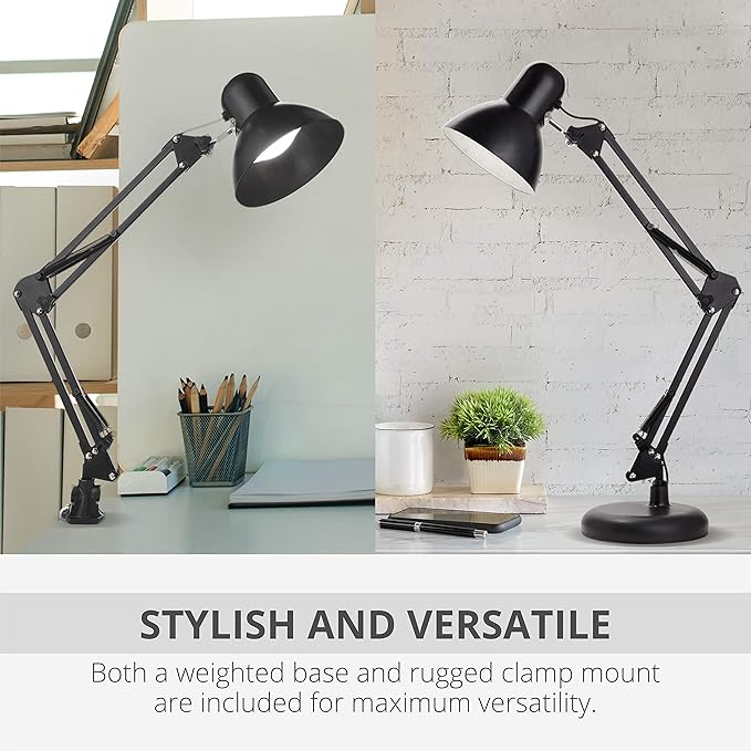 Newhouse Lighting 24-in. Wright Painted Black Metal Swing Arm Lamp with Weighted Base and Clamp NHDK-WR-BK, Tall Desk Lamp for Home Office or Home Improvement, Adjustable Office Desk Accessory
