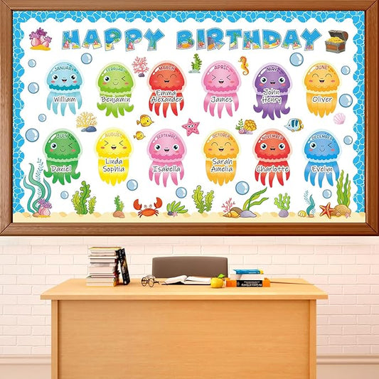 gisgfim Under The Sea Birthday Bulletin Board Decorations Ocean Theme Happy Birthday Classroom Bulletin Board Jellyfish Ocean Creatures Cutouts for School Teacher Student Door Home Wall Decor Supplies