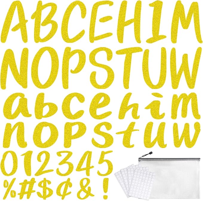 273 Pcs 4 Inch Glitter Bulletin Board Letters Set - Poster Board Letter Cutouts with Alphabet, Symbols, Numbers, Storage Bag - Classroom Decor, DIY Projects, Teacher Supplies, Office (Gloden Yellow)