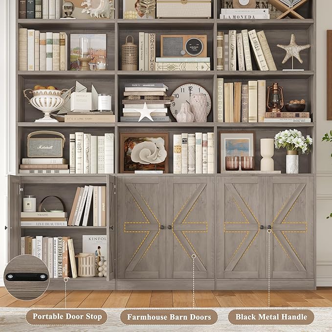 FACBOTALL 75" Triple Wide Bookshelf, Bookshelf and Bookcase with 6 Farmhouse Doors, 71" Wide 6 Tier Book Shelf with 18 Storage Shelves, Large Wooden Bookshelves, Tall Bookcase for Home Office, Gray