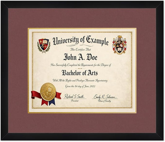 CountryArtHouse Diploma Frame Fits 14 x 11 College Diploma (Modern) - Keepsake Graduation Display Matte Black Genuine Hardwood with Dark Red Over Metallic Gold Double mat