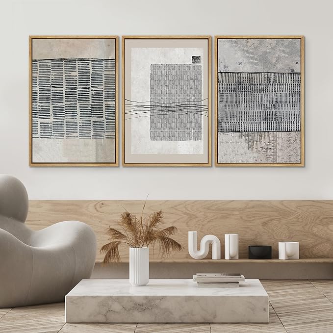 SIGNWIN Framed Canvas Print Wall Art Set Black Tan Industrial Line Art Pattern Abstract Shapes Cozy Neutral Decorative Contemporary Minimal for Living Room, Bedroom, Office - 16"x24"x3 Natural