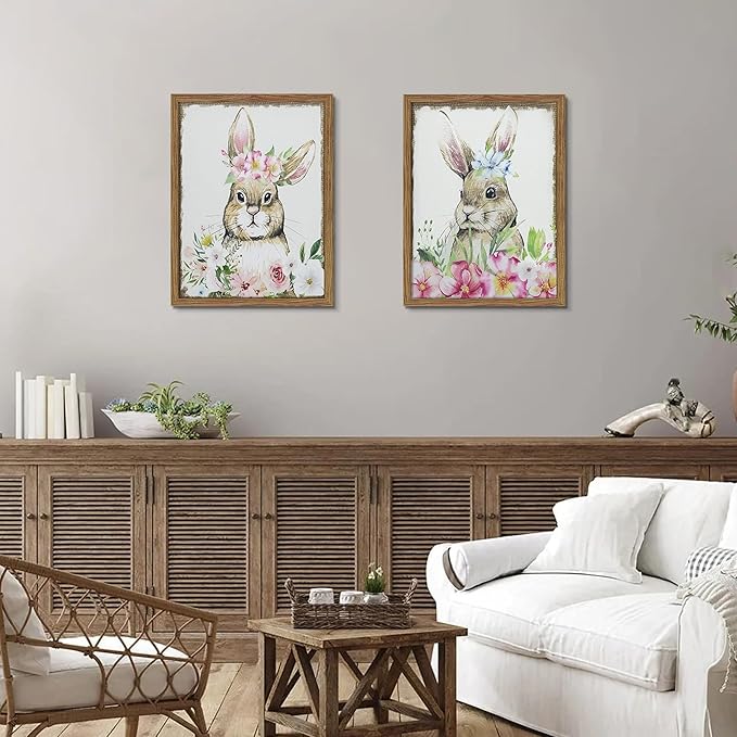 Framed Vintage Easter Wall Art Decor, Easter Bunny Picture Wall Decorations Set of 2, Spring Rustic Rabbit Poster Prints Painting for Kids Room Living Room Bedroom 16x24 Inch