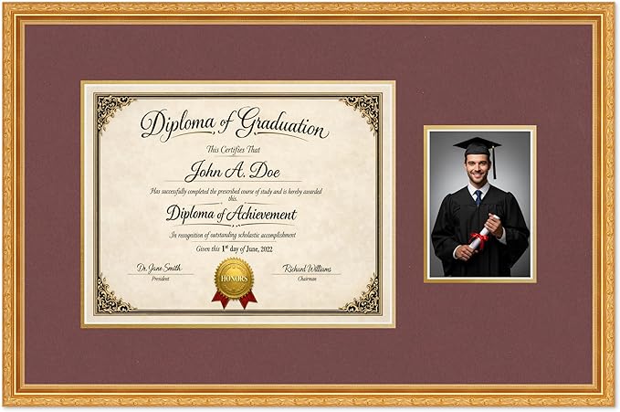 Diploma Frame With Photo Opening Museum Gold Dark Red Over Gold Mat - Fits 14 x 11 Degree and Picture Made in the USA