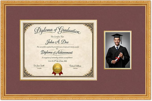 Diploma Frame With Photo Opening Museum Gold Dark Red Over Gold Mat - Fits 14 x 11 Degree and Picture Made in the USA