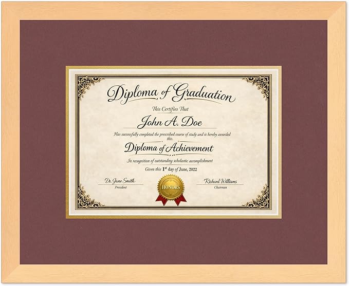 Diploma Frame Natural Wood with Dark Red Over Gold Double Mat - Fits 11.69 x 8.27 A4 Certificate Wall Display Made in the USA