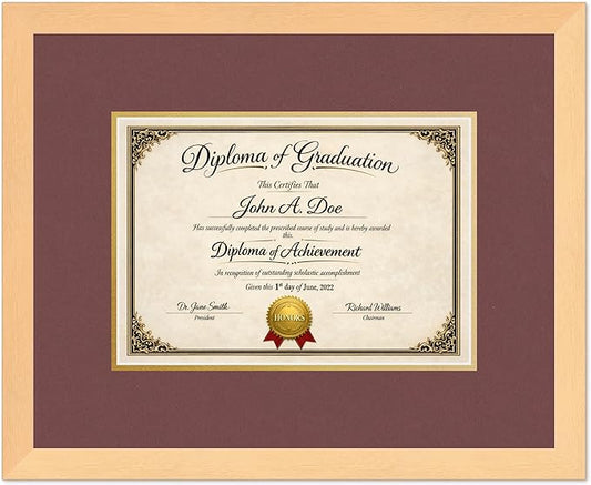 Diploma Frame Natural Wood with Dark Red Over Gold Double Mat - Fits 11.69 x 8.27 A4 Certificate Wall Display Made in the USA