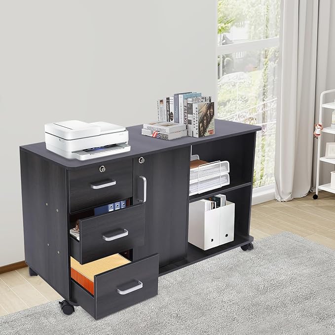 3 Drawer File Cabinet on Wheels, Rolling Printer Stand with Open Storage Shelf, Mobile Lateral Office Storage for Home School Office (Black)