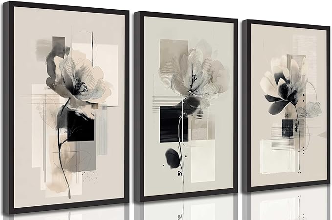 3Pcs Modern Abstract Floral Canvas Wall Art Minimalist Neutral Beige And Black Flower Botanical Painting Picture Wall Decor Poster Print Artwork for Living Room Bedroom Home Decoration Unframed