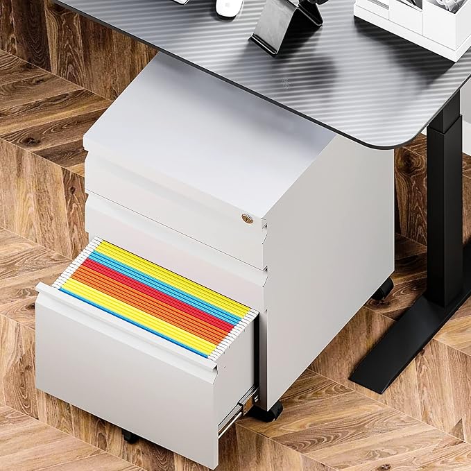 Yizosh 3 Drawer Mobile File Cabinet with Lock, White Under Desk Rolling Filing Cabinet, Metal Locking File Cabinet on Wheels for Legal/Letter/A4 File (Required Assemble)