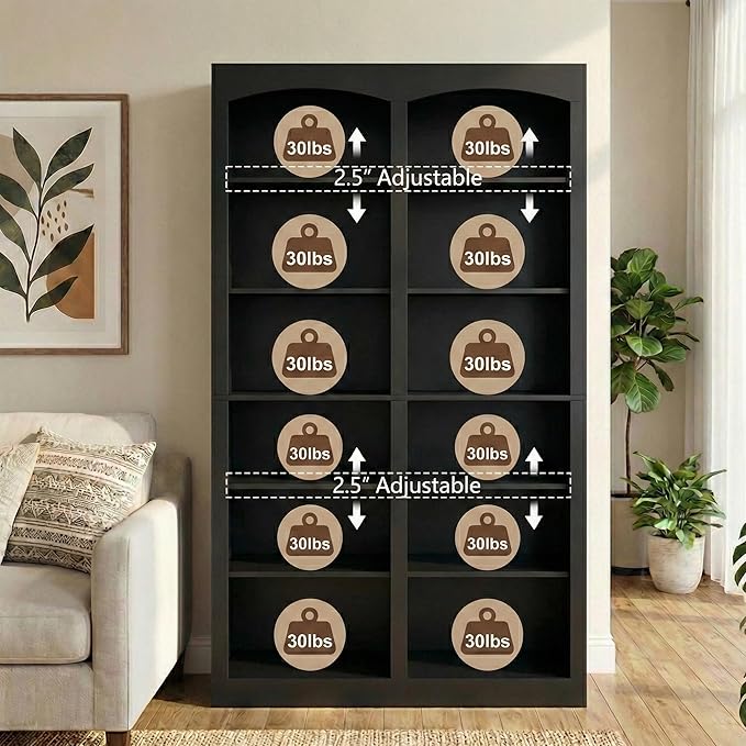 71" Tall Bookcase, Double Wide Black Bookshelf with Arched Design, 12-Tier Open Wood Display Shelf Storage Organizer for Living Room, Home Office (41.6" W x 70.8" H)