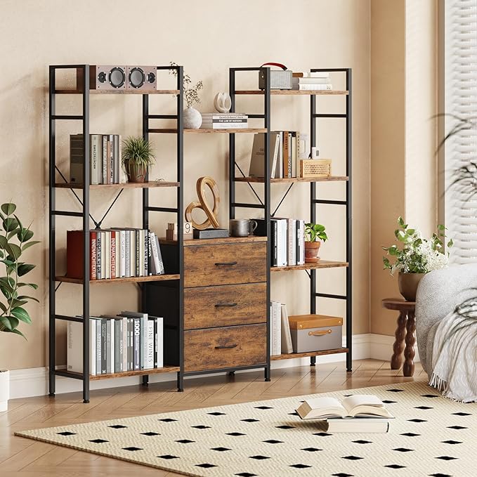 Triple Bookshelf with 3 Fabric Drawers, 4-Tier Book Shelf and 10 Display Shelves, Industrial Large Bookcase for Home & Office, Rustic Brown, 59'' Wide