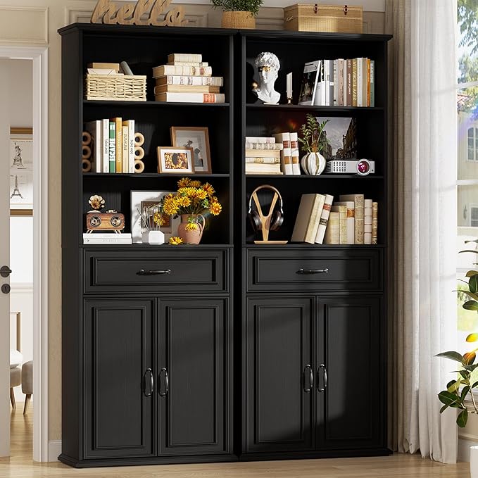 Cyclysio 80" Tall Bookcase Set of 2, Farmhouse 2 Set Bookshelves with Drawer and Doors, Floor Standing 6 Shelf Display Storage Cabinet for Home Office, Living Room (2, Black)