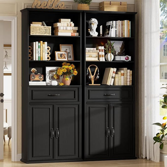 Cyclysio 80" Tall Bookcase Set of 2, Farmhouse 2 Set Bookshelves with Drawer and Doors, Floor Standing 6 Shelf Display Storage Cabinet for Home Office, Living Room (2, Black)