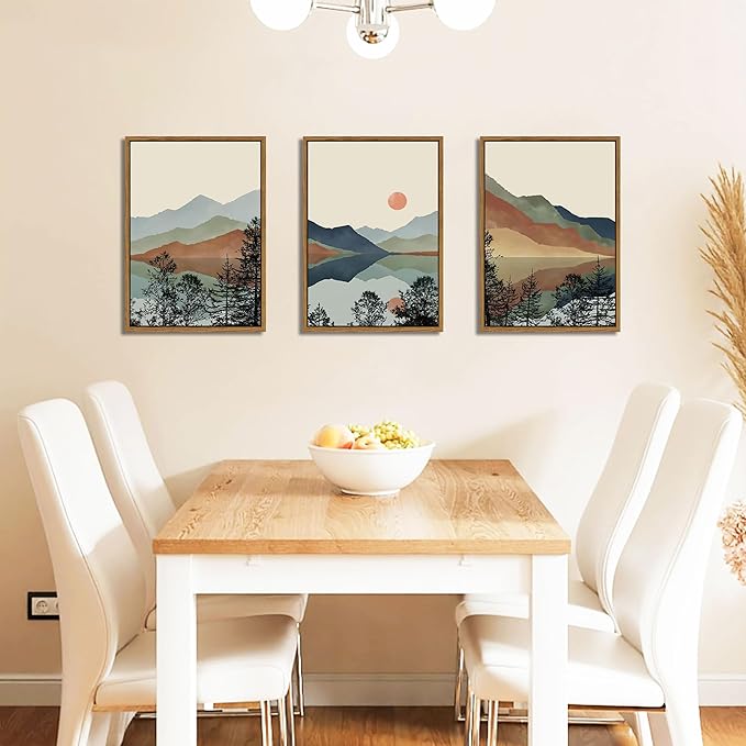 AKWISH Mountain Canvas Wall Art Set of 3, Boho Watercolor Poster Prints Paintings, Sun Forest Abstract Nature Landscape Artwork Wall Decor for Living Room, Bedroom, Office 16x24 In Brown Framed