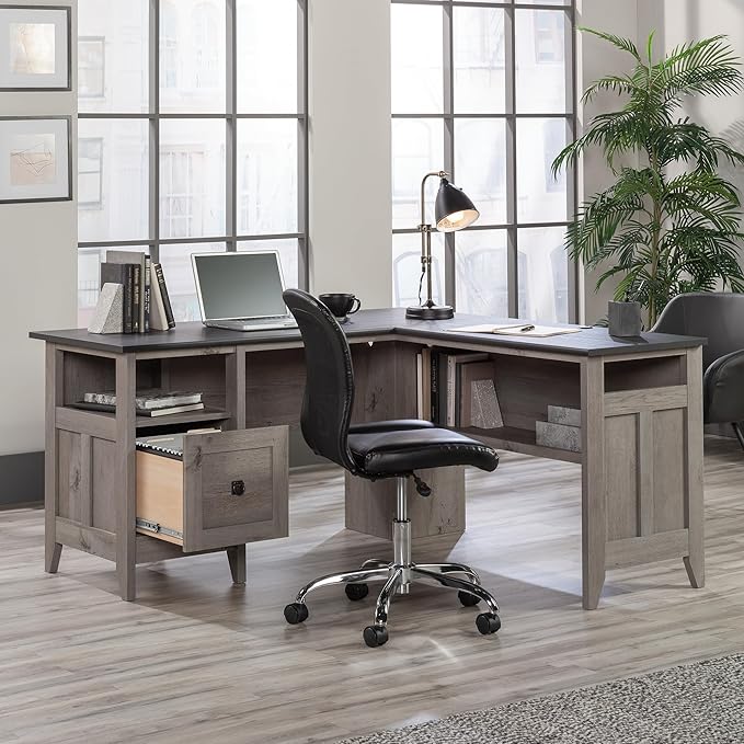 Sauder August Hill L-Shaped Home Office Desk, Farmhouse Corner Desk with File Drawer, Cable Management, Mystic Oak Finish