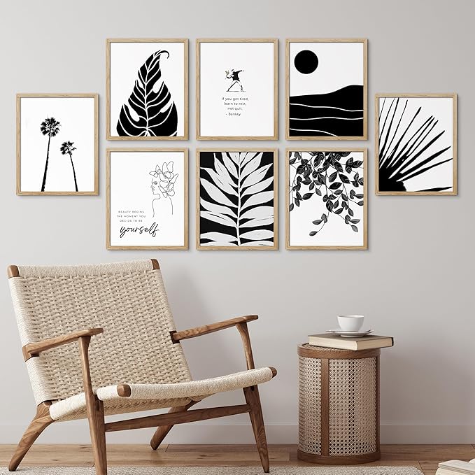 SIGNWIN Framed Poster Bathroom Decor, Wall Art Room Decor Multicolor for Living Room, Bedroom, Office Black White Duotone Tropical Palm Landscape Nature Abstract Shapes - 8"x10"x 8 Natural