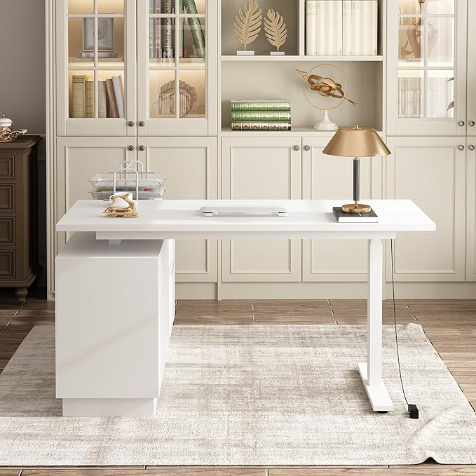 Homsee Electric Height Adjustable Standing Desk, L-Shaped Computer Desk with 2 Drawers & 2 Doors for Office, Workstation Table with Storage Cabinet for Writing Study Work Executive, White