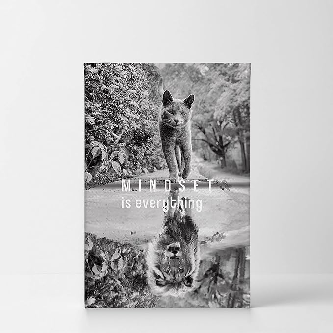 Smile Art Design Mindset is EverytingBlack and White Cat and Lion Reflection Motivational Wall Art Canvas Print Inspirational Entrepreneur Quote Office Living Room Decor Gift Ready to Hang 22x15