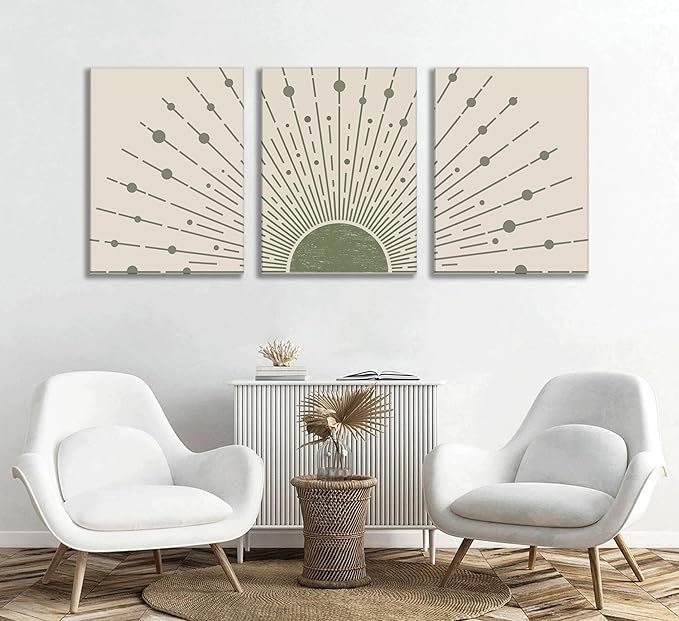 3pcs Sun Boho Canvas Wall Art Sage green Sun Wall Decor Modern Sunrise Posters Modern Abstract Geometric Prints Pictures Mid-Century Painting for Living Room, Bedroom, Bathroom and Office framed