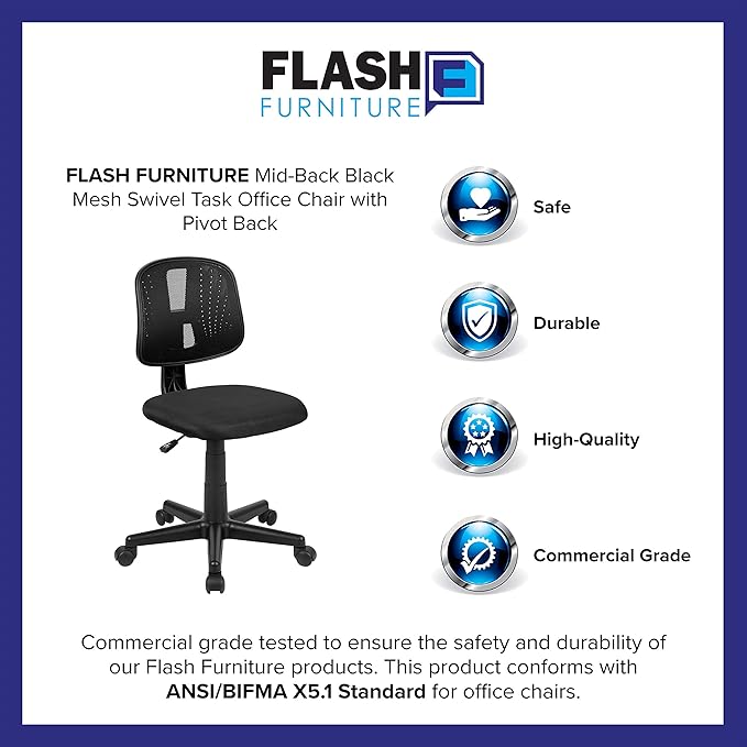 Flash Furniture Flash Fundamentals Mid-Back Swivel Task Office Chair with Pivot Back, Height-Adjustable Ergonomic Mesh Office Desk Chair, Black