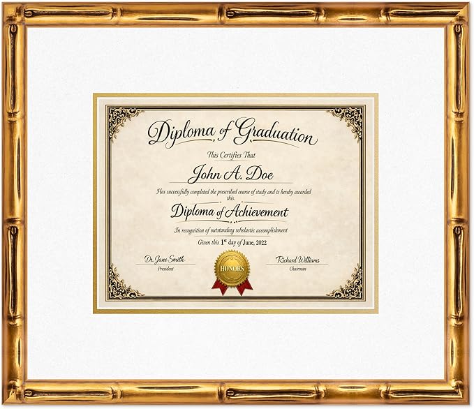 Diploma Frame Gold Bamboo with Oyster Shell Over Gold Double Mat - Fits 11 x 8.5 US Letter Certificate Wall Display Made in the USA