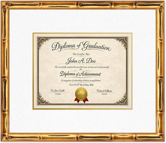 Diploma Frame Gold Bamboo with Oyster Shell Over Gold Double Mat - Fits 11 x 8.5 US Letter Certificate Wall Display Made in the USA