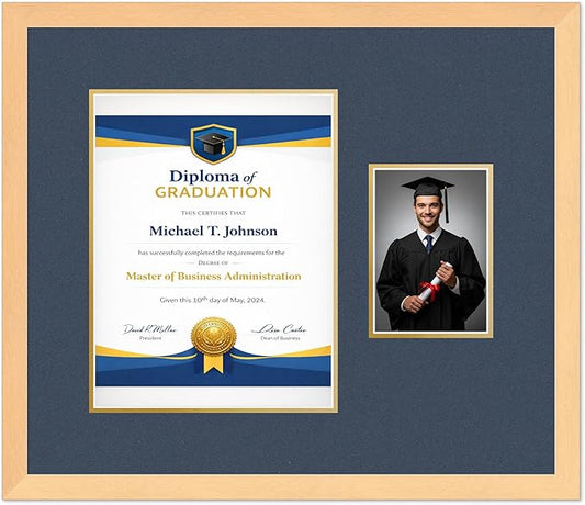 Diploma Frame With Photo Opening Natural Wood Navy Blue Over Gold Mat - Fits 10 x 13 Degree and Picture Made in the USA