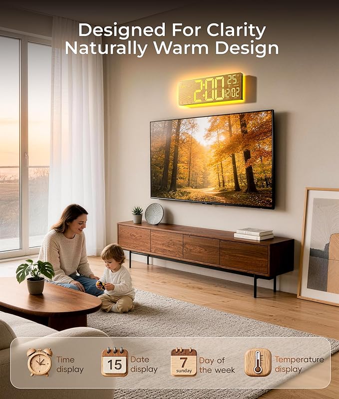 16.5" Large Digital Wall Clock with BT Sync, Wood Grain Clock with 11 RGB Light Scenes, Remote Control, Dual Alarms with Big LED Display, Auto DST, Temperature for Classroom Gaming